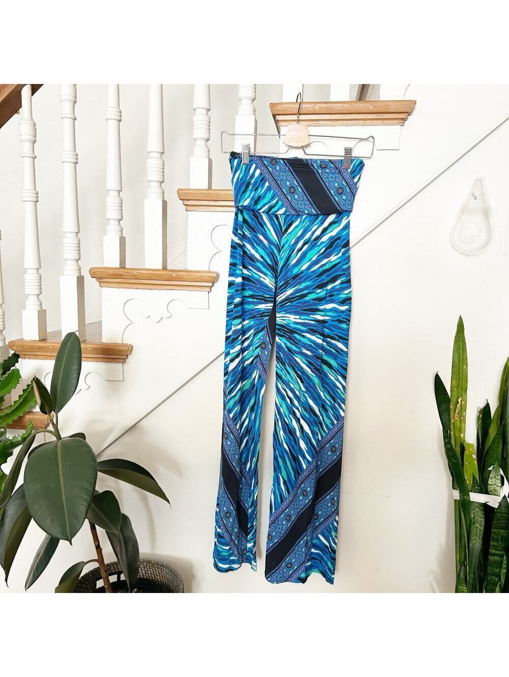 2(4)1 Blue Abstract Print Strapless Wide Leg Stretch Pants Size Italy 40